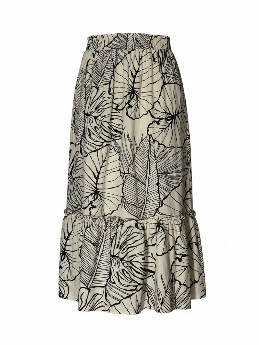 Rachel Zoe Cream Midi Skirt with Black Leaf Print